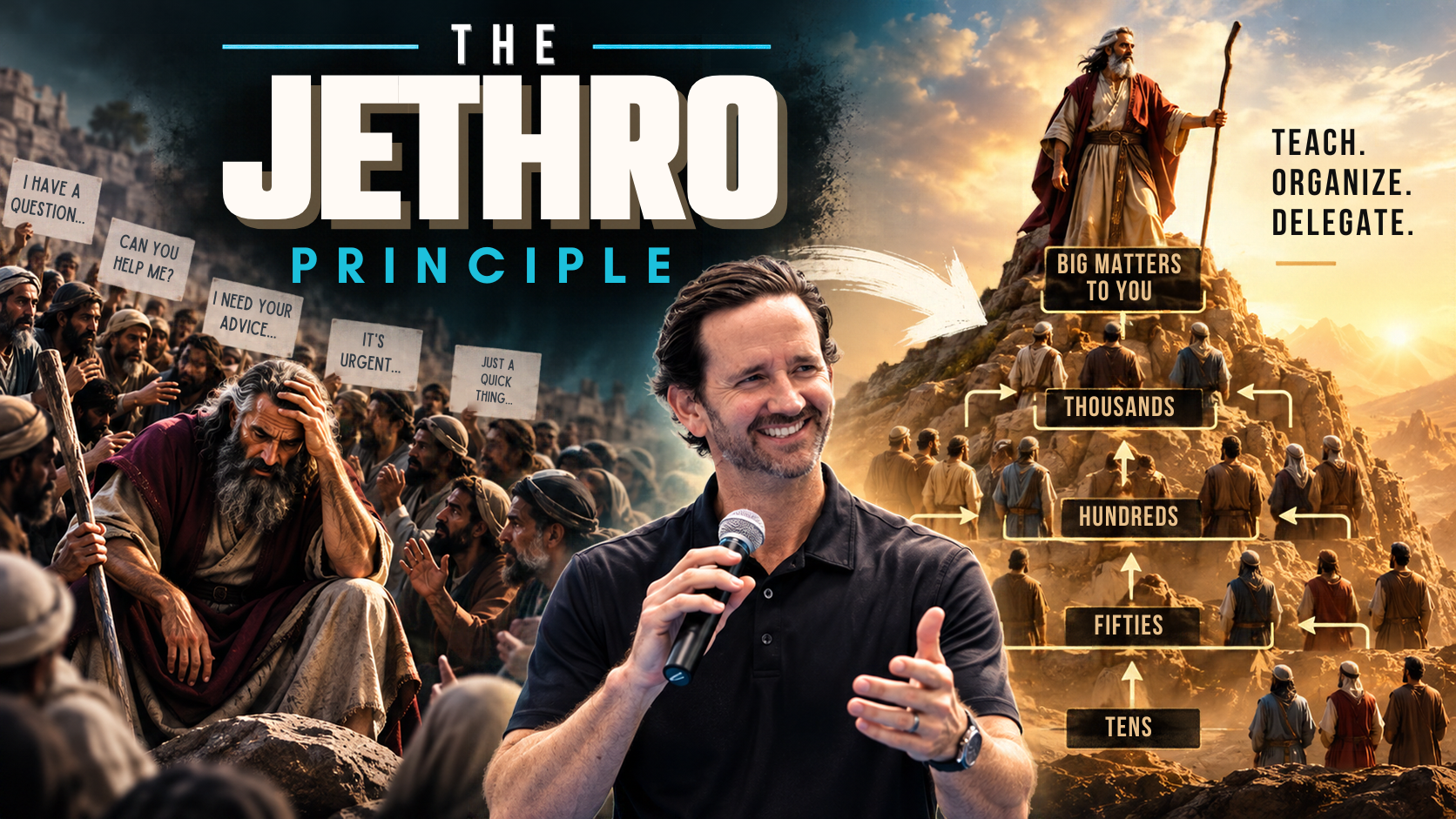 The Jethro Principle: teach, organize, and delegate, with small matters handled by leaders and big matters brought to you.
